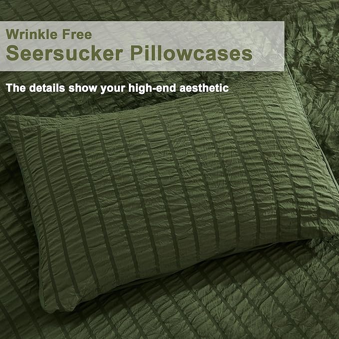 AveLom Dark Olive Green Seersucker Duvet Cover Set Queen (90 x 90 inches), 3 Pieces (1 Duvet Cover + 2 Pillowcases), Ultra Soft Washed Microfiber, Textured Duvet Cover with Zipper Closure, Corner Ties