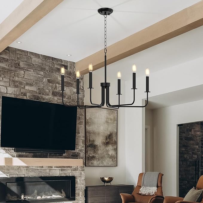 Farmhouse Chandelier with 6 E12 Candelabra Bulbs, 6-Light Metal Hanging Ceiling Light Fixture for Dining Room, Kitchen Island, Living Room, Entryway, Foyer-Matte Black