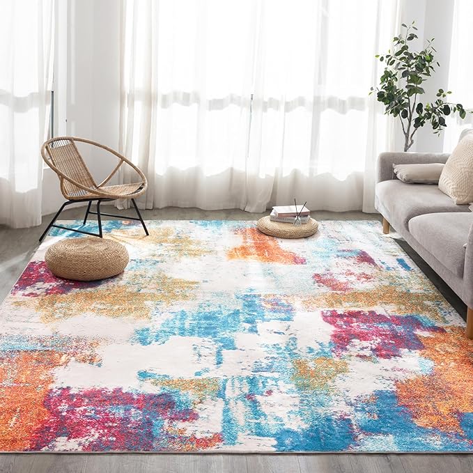 UMINEUX Living Room Rug 6'x9' Large Washable Area Rug with Anti-Slip Rubber Backing, Modern Abstract Low Pile Rugs, Ultra Soft & Thin, Non-Slip, Stain Resistant for Dining Room Bedroom Home Decor