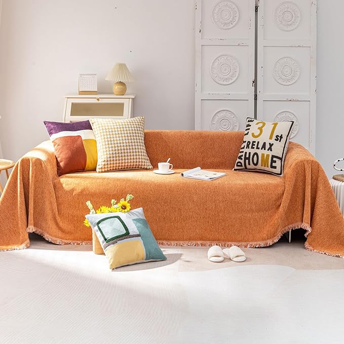VClife Modern Orange Couch Cover XL Sofa Cover for Sectional Couch, Soft Kids Couch Covers for 3 Cushion Couch Sofa, Thick Chenille L-Shape Furniture Sofa Covers for Living Room 71"x134"