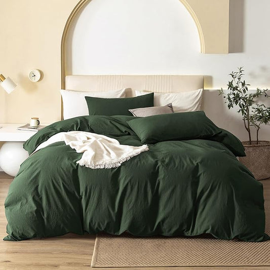 JIYUAN 100% Washed Cotton Duvet Cover Set 3 Pieces Oversized King, 1 Duvet Cover 120x98 Inches(Comforter Not Included) and 2 Pillowcases,Linen Feel Bedding Set Comfy and Breathable,Forest Green