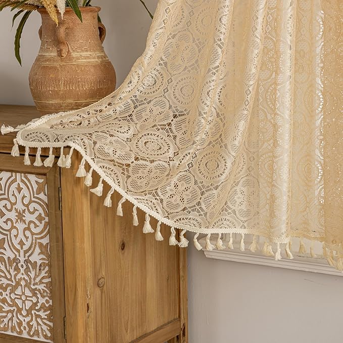 YJ YANJUN Boho Cafe Curtains 30 inch Length 2 Panels,Each 59" W x 30" L, Beige Crochet Kitchen Curtains Above Sink Farmhouse Short Lace Curtain Panels with Tassels for Bathroom Laundry Room Rv