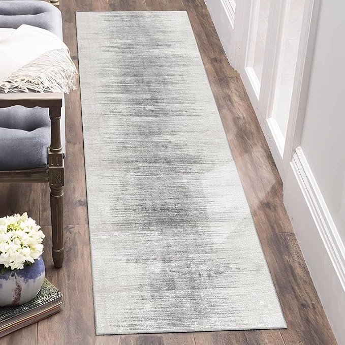 Enkor Runner Rug for Hallway, 2x6 Washable Soft Non Slip Abstract Rugs for Kitchen, Modern Mat for Entryway Living Room Bedroom White & Grey