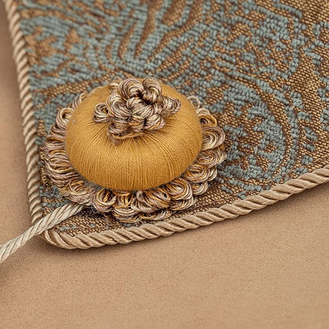 Loom and Mill Luxury Thick Chenille Table Runner, Modern Damask Jacquard Table Runners with Handmade Tassels for Dining Room Dresser Party Holiday Banquet Decorations(Blue Gold, 13x90 inch)