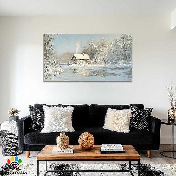 GUTTATY Christmas Winter Scene Canvas Wall Art, Cozy Cabin Snow Landscape Canvas Prints, Tranquil Forest Wall Painting, Serene Winter Pictures Poster for Living Room, Bedroom, Office Decor, 60x30 Inch