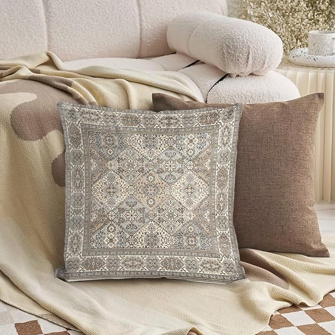 Boho Floral Throw Pillow Covers 18x18 inch Set of 2,Grey Boho Rug Geometric Floral Pattern Decor Double Sided Pattern Cushion Cover Soft Pillow Case Living Sofa Room Bed Square Pillow Cover