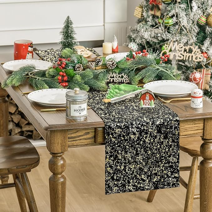 Artoid Mode Black Dutch Fleece Table Runner, Glitter Metallic Foil Holiday Kitchen Dining Table Decoration for Home Party Decor 13x48 Inch
