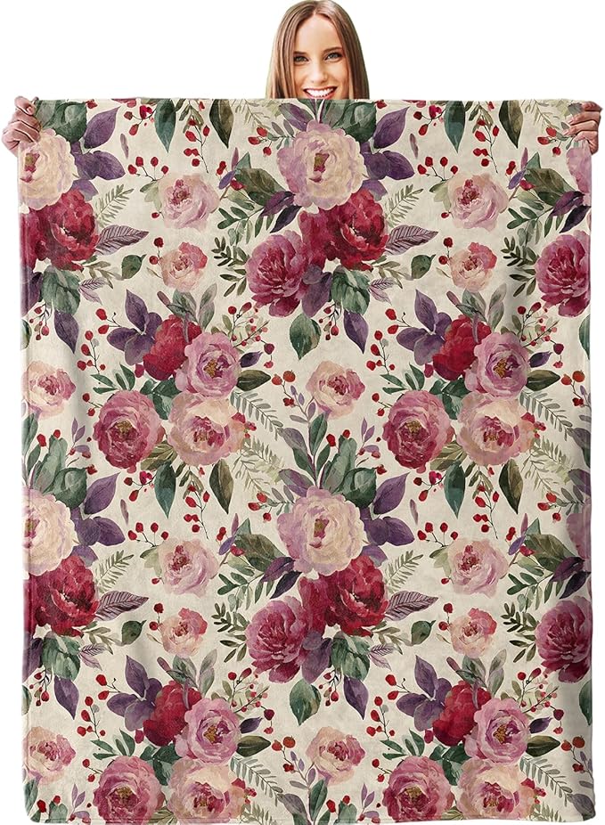 Elegant Rose Floral Blanket, Plush Soft Lightweight Warm Cozy Flannel 80×60 inch Throw Blanket with Vintage Flower Design for Couch, Travel, Bed, Outdoor, Gifts for Women Girls Teens Adults
