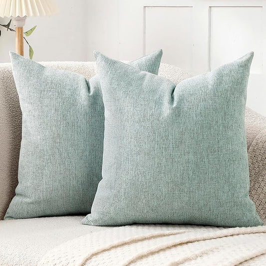 Jepeak 16x16 Inch Decorative Chenille Throw Pillow Covers, Pack of 2 Cozy Concise Pillow Cases Soft Farmhouse Modern Square Cushion Cover for Sofa Couch Bed Home Decor, Light Cyan