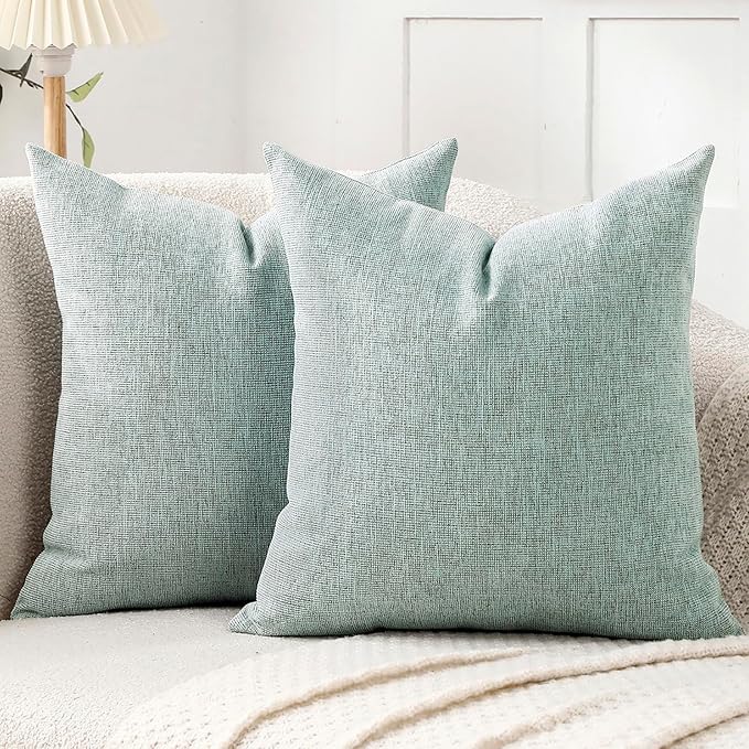 Jepeak Decorative Throw Pillow Covers Pack of 2 Chenille Cozy Modern Concise Cushion Cases for Bedroom Sofa Couch Home Decoration, Lightcyan+brown Thread, 22 x 22 Inches