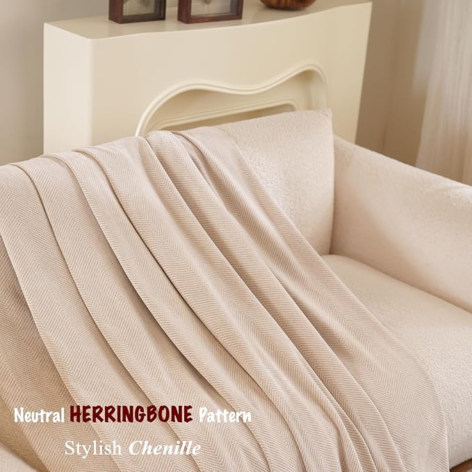 Couch Cover - Soft Chenille Boho Herringbone Textured Sofa Throw Cover for Pets, Kids (Light Khaki, XX-Large, 71" x 150")