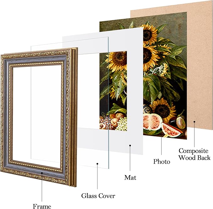 eletecpro 5x7 Picture Frames Set of 2, Vintage 5 x 7 Photo Frames with Real Glass, Displays 4x6 Photo with Mat or 5x7 without Mat for Tabletop or Wall Decor, Blue Gold