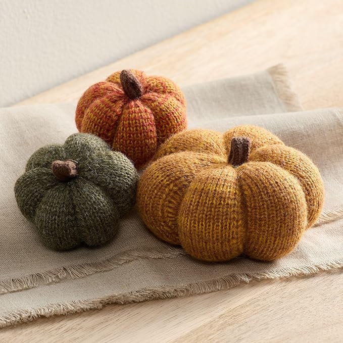 Your Heart's Content Set of 3 Cozy Mini Knit Pumpkins, Warm Green Gold Fall Table top décor, Soft Autumn Home Accents, Thanksgiving Table Setting (Marigold Multi-Size Set)