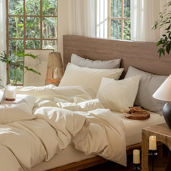 MooMee Wavy Striped Duvet Cover Set 100% Washed Cotton Linen Like Textured Breathable Durable Soft Comfy (Cream White, Alaska King 132"x120")