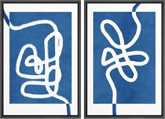 SIGNWIN Framed Wall Art Print Set White Line Contrasting Blue Backround Abstract Swirly Digital Art Modern Art Mid-Century Modern Expressive for Living Room, Bedroom, Office - 24"x36"x2 Black