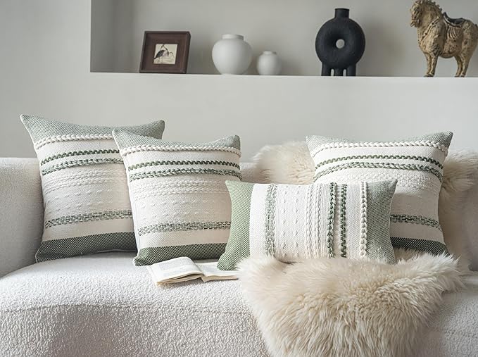 Boho Throw Pillow Covers 20x20 Inch Set of 2, Green Textured Decorative Couch Pillow Cases for Farmhouse Home Decor, Accent Cushion Cover for Sofa, Bed, Living Room, Bedroom