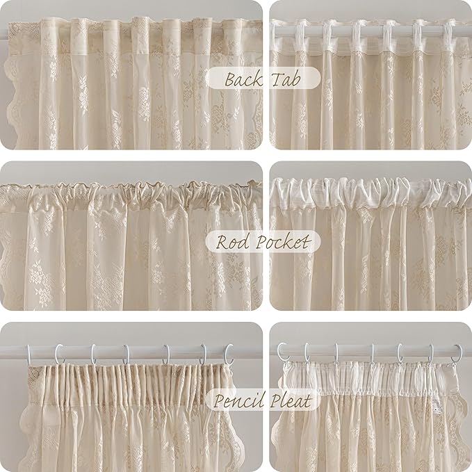 MEETSKY Beige Lace Sheer Curtains 84 Inches Long 2 Panels Set for Living Room Bedroom Vintage Victorian French Scalloped Light Filtering Drapes with Back Tab Rod Pocket, 50" W Each Panel, Oatmeal
