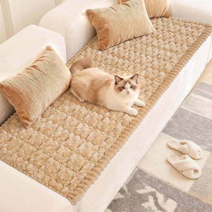 Cekene Turtle Velvet Couch Covers Washable Non-Slip Couch Cushion Covers Fuzzy Sofa Cover for Pets (Camel,27.6" x 59.1")