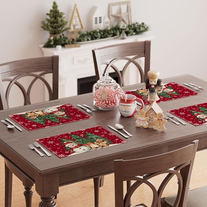 XCHI Winter Red Snowman Gingerbread Man Christmas Tree Xmas Placemats Set of 6 Table Mats for Party Home Kitchen Dining Table Decorations 12x18 Inch