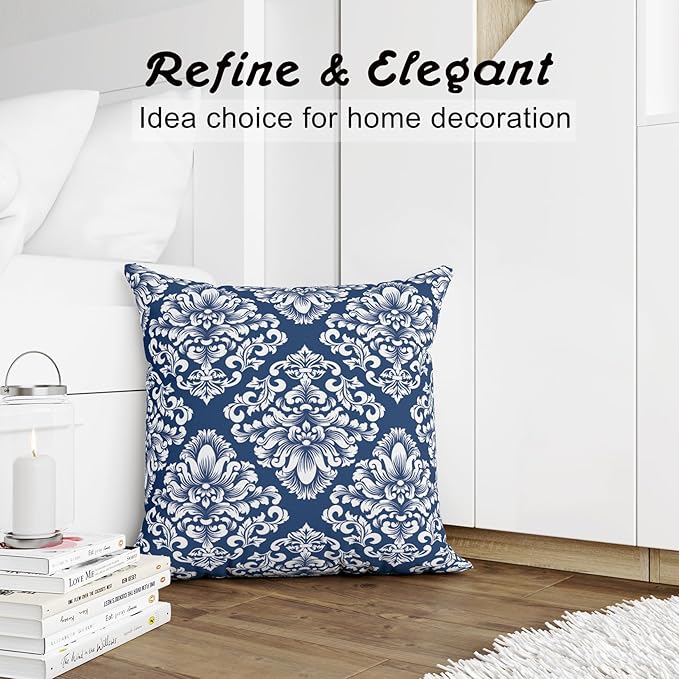 LOVOUS Navy Blue and White Damask Throw Pillow Covers 18x18 Inch Set of 2, Vintage Linen Decorative Pillow Covers for Bed Couch Sofa Bedroom Living Room Home Decor, B14