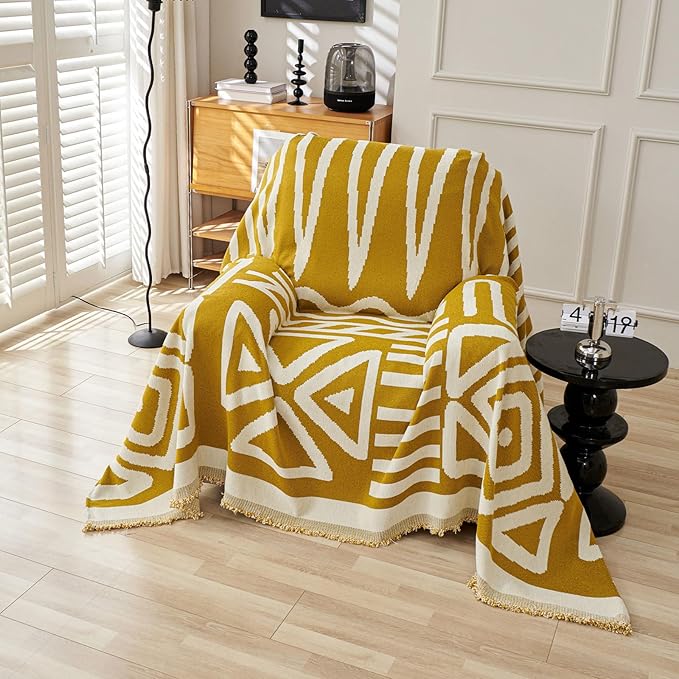 VClife Armchair Couch Cover, 1 Piece Boho Tribal Mustard Yellow and White Geometric Jacquard Sofa Cover for 1 Cushion Couch Sofa, Soft Washable Chenille Chair Cover Slipcover for Living Room 71"X90"
