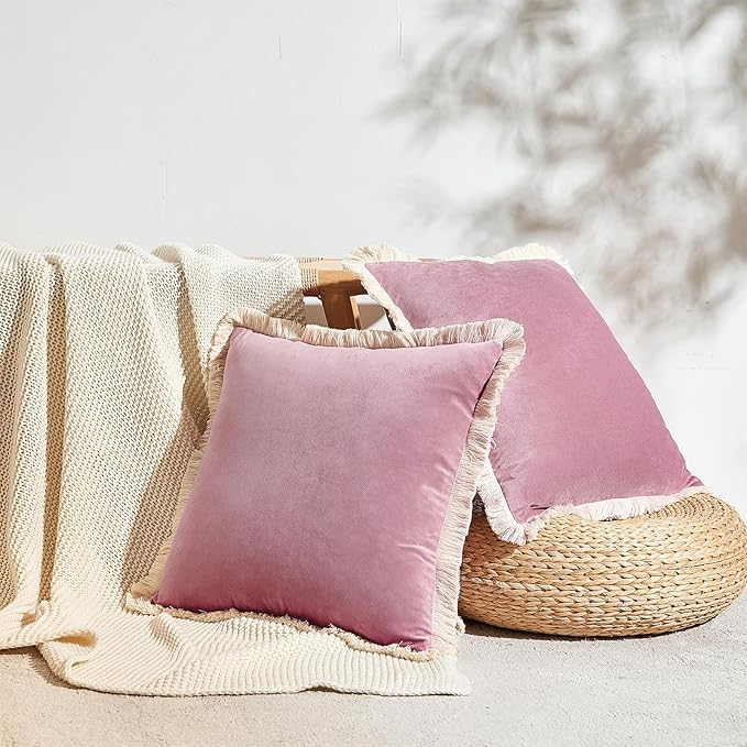 MONDAY MOOSE Decorative Throw Pillow Covers Cushion Cases, Set of 2 Soft Velvet Modern Fringe Tassel Designs, Mix and Match for Home Decor, Pillow Inserts Not Included (Dusty Pink, 18x18 inch)