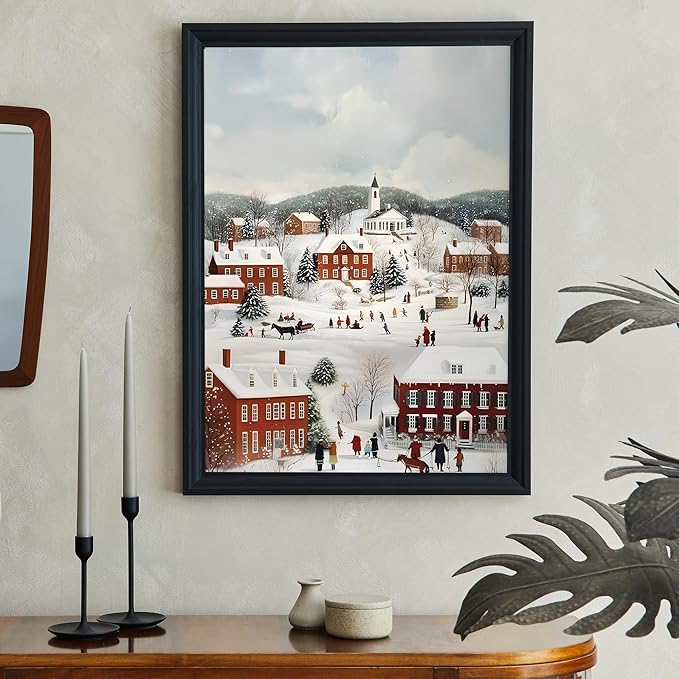 OZCONO Vintage Christmas Village Wall Art for Holiday Farmhouse Decor, Cozy Winter Town Scene Artwork, Classic Snowy Christmas Decoration, Noel Seasonal Print (Unframed) (11x14)