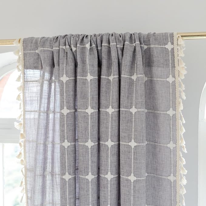 Sutuo Home Boho Curtains for Bedroom Living Room 84 Inch Length, Linen Light Filtering Country Farmhouse Vintage Chic Tassels Window Treatment Bohemian Drape, 1 Panel 52" W x 84" L, Dark Grey Plaids