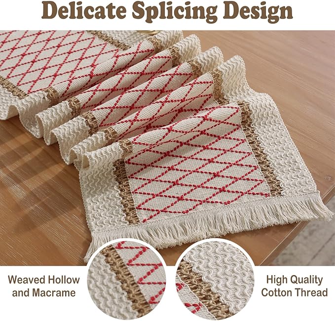 Boho Burlap Macrame Table Runner, Farmhouse Style Cotton Linen Rustic Woven Table Runner with Tassels for Dining, Wedding, Bridal Shower, Bohemian (12x72 inch, Red Grid)