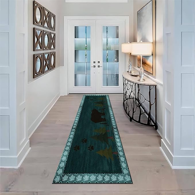 Black Bear Runner Rug,4x12ft,Retro Wildlife Woodland Bear Hallway Rug,Rubber Backed Kitchen Room Non Slip Runner Carpet,forFarmhouse Washable Bedroom Rug Long
