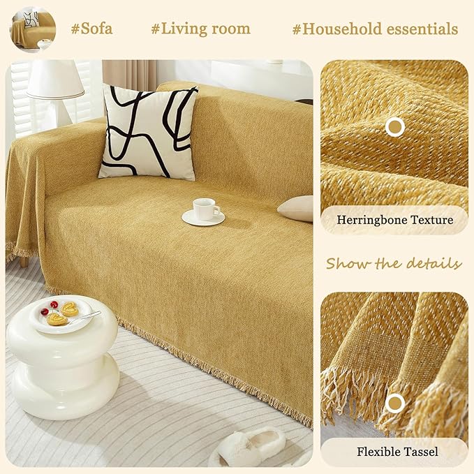 DREAMINGO Modern Minimalism Mustard Yellow Couch Cover Sectional Sofa Covers for 3 Cushion Couch Washable Chenille Pet Couch Protector for Dogs Boho Herringbone Sofa Furniture Slipcover, 71"x150"