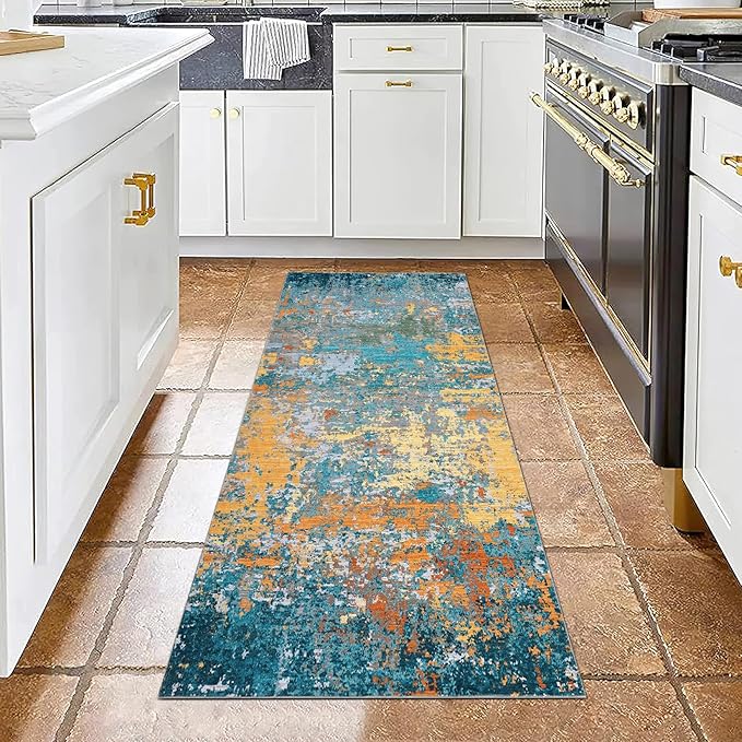 Modern Abstract 2x7 Runner Rug Washable Non Slip Stain Resistant Rug for Hallway Kitchen Bedroom Non Shedding Low Pile Indoor Floor Cover,Multi Color