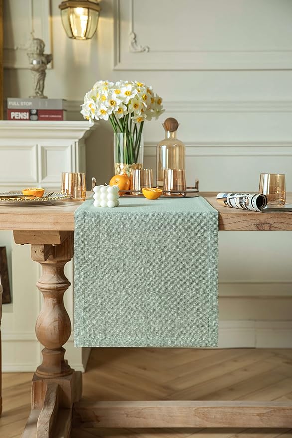 ZeeMart Burlap Style Farmhouse Table Runners 60 Inches Long, Sage Green Rustic Woven Dining Table Runner for Everyday Use, 14x60 Inches, Seafoam