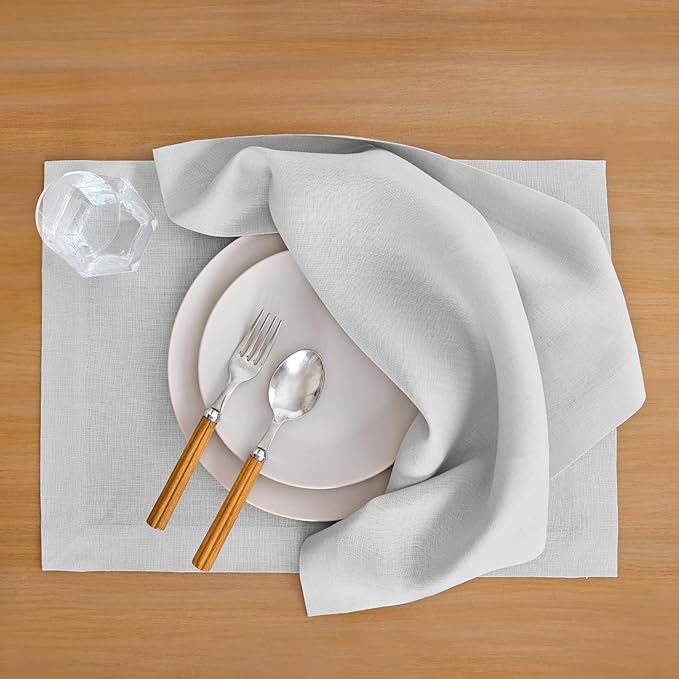 Solino Home Linen Placemats Set of 4 - Silver Cloud Placemats 14 x 19 Inch - 100% Pure Linen Table Place Mats - Fete