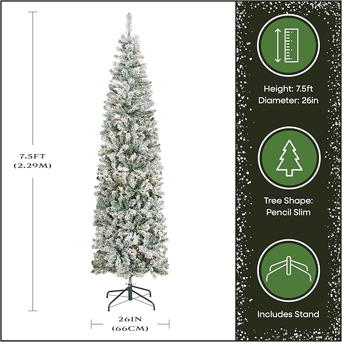 National Tree Company 7.5 ft Pre-Lit Flocked Acacia Slim Artificial Christmas Tree, 350 Clear Lights, 641 Tips, Includes Stand, Green