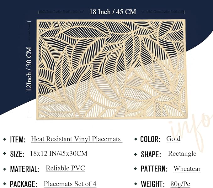 FAVE Gold Metallic Placemats Set of 4 Heat Resistant Vinyl Placemats Wipeable & Washable Table Mats Set of 4 Fall Placemats for Dining Tables Party Holiday Daily Home Decoration(P-Rectangle Leaf)