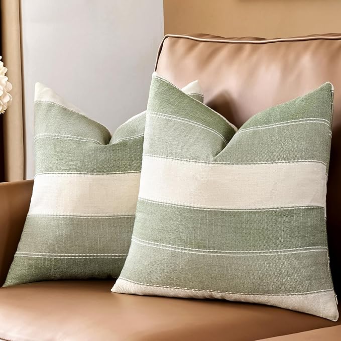 AmHoo Pack of 2 Farmhouse Stripe Check Throw Pillow Covers Set Case Cotton Linen Decorative Pillowcases Cushion Cover for Couch Bench Sofa 24x24 Inch Sage Green