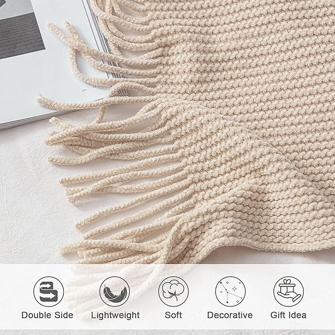 lifein Throw Blanket for Couch, Soft Boho Decor Bed Throw,Cozy White Chenille Knitted Small Farmhouse Lightweight Throw(White/Cream,60 * 80")