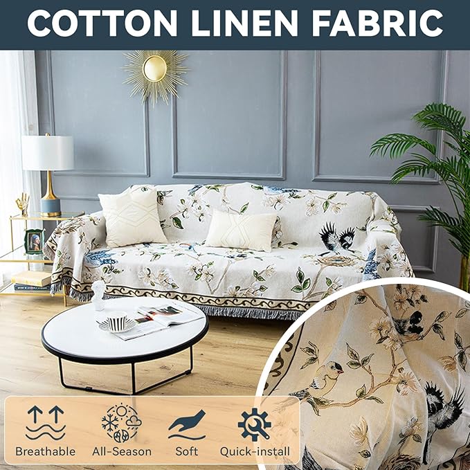 VClife Boho Beige Jacquard Couch Cover Modern Floral Bird Cotton Linen Slipcover for 3-4 Cushion Couch Sofa, 1 PC Retro Vintage Flowers Furniture Protector Futon L Shape Sofa Cover for Sectional Sofa