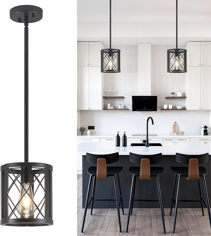 Farmhouse Pendant Light for Kitchen Island - Industrial Metal Lantern Black Pendant Lighting Single Hanging Light Fixture with 49.2" Adjustable Rods for Dining Room, Over The Sink, Hallway