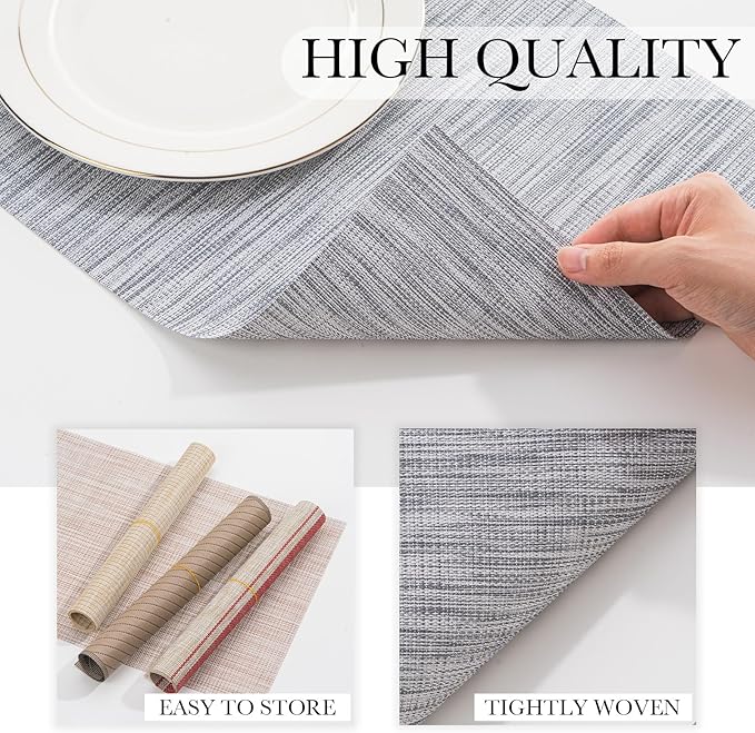 BACKTOEDEN Placemats Set of 12 Heat Resistant Washable Wipeable Placemats Woven Non-Slip Foldable Vinyl/Plastic Placemat Indoor/Outdoor Place Mats Kitchen Dining, Gray Silver Line