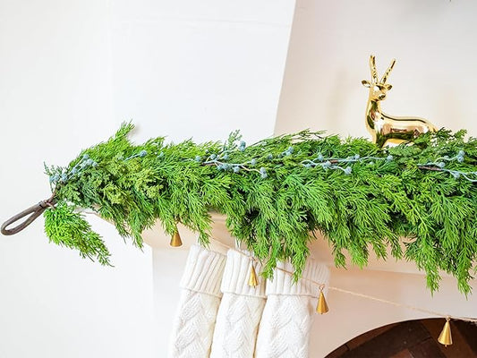 6FT Cedar Garland with Blue Berry Cypress Pine Garland Realistic for Mantle Stairs Fireplace Wall Window Front Door Indoor Outdoor Christmas Decor Xmas Decorations