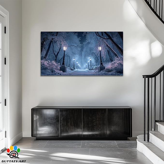 GUTTATY Winter Scene Christmas Canvas Wall Art, Blue Frosty Landscape Canvas Prints, Snowy Pathway Illuminated by Street Lamps, Park Winter Pictures Wall Decor for Living Room, Bedroom, 32x16 Inch
