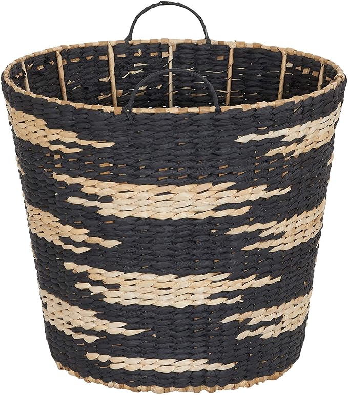Household Essentials Large Round Woven Wicker Storage Basket with Handles | Black and Brown Geometic Design