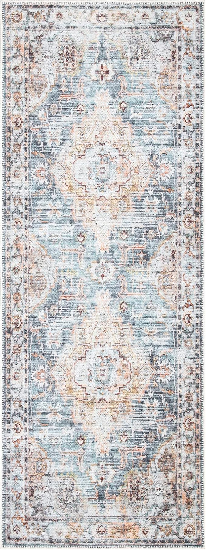 Bloom Rugs Washable Non-Slip 10 ft Runner - Teal/Peach Traditional Runner for Entryway, Hallway, Bathroom, and Kitchen - Exact Size: 2.5' x 10'