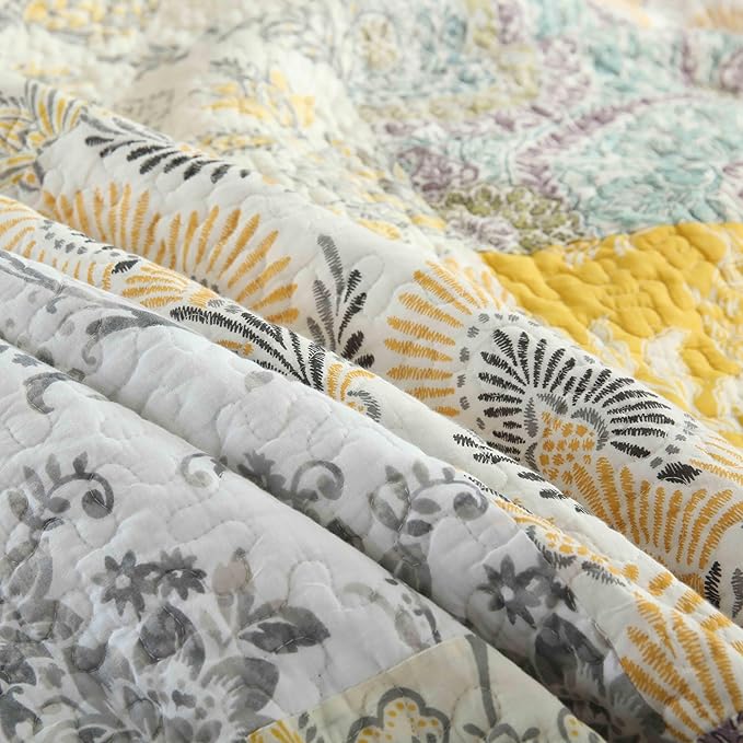DURLENGEN Botanical Yellow 100% Cotton Queen Quilt 3Pcs,Bohemian Patchwork Leaves Pattern on White, Luxury Lightweight Coverlet Sets for All Season(Queen 90x96,Botanical Yellow)
