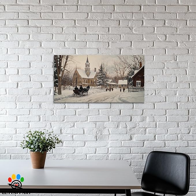 GUTTATY Winter Christmas Canvas Wall Art, Snow Village Scene Canvas Prints, Classic Church Horse Sleigh Wall Painting, Country Winter Pictures Decor for Living Room, Farmhouse, Entryway, 24x12 Inch