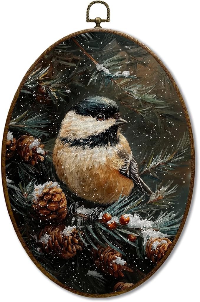 JQF Vintage Winter Chickadees Oval Wall Decor, Christmas Bird Chickadees Oval Canvas Wall Art, Rustic Christmas Pine Cones Framed Prints Hanging Decor for Home Living Room Bedroom, 8.5x11.5 Inch