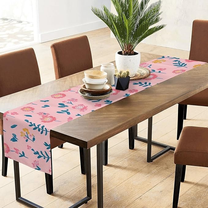 Pink Flower Table Runner 13x72 Inches Vintage Floral Faux Linen for Kitchen Dining Table Decor Wedding Birthday Party Holiday Celebration