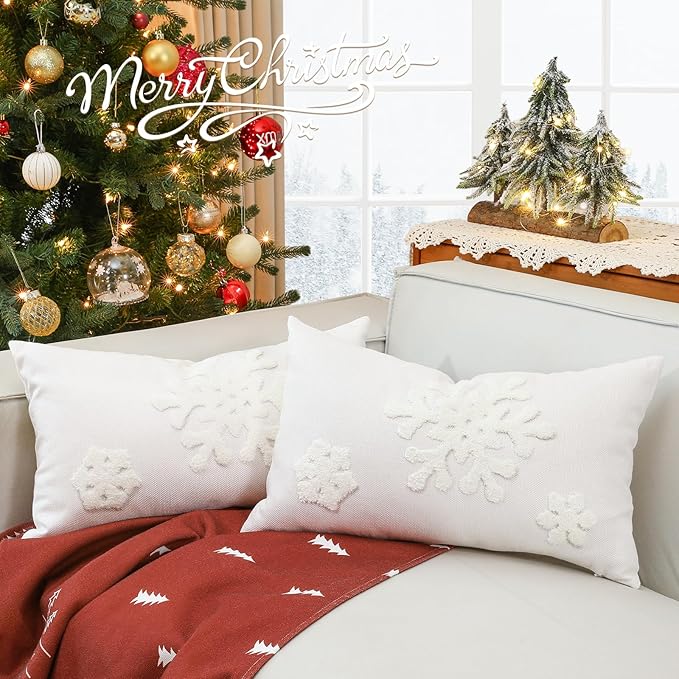 Lewondr Christmas Throw Pillow Cover, 2 Pack Snowflake Embroidery Decorative Throw Pillow Case Linen Sofa Cushion Cover for Party Thanksgiving Day Xmas Decor 12"x20"(30x50cm) - White